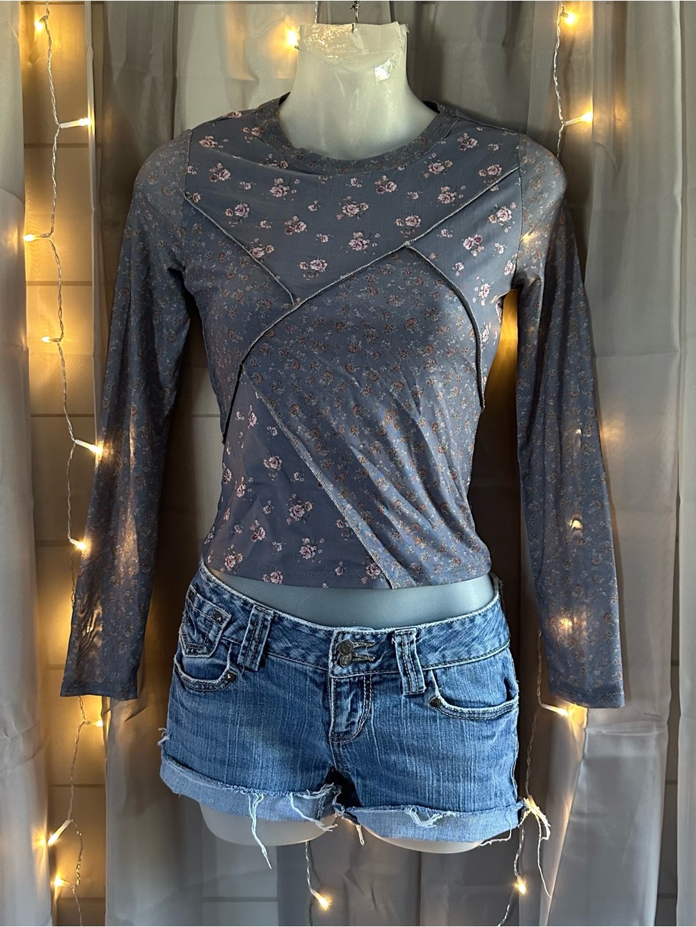 Girls Willow & Root floral mesh patchwork top sheer sleeves Sz M